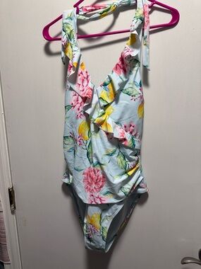 Cupshe Pastel Blue Floral One-Piece Swimsuit with Pink & Yellow Blooms